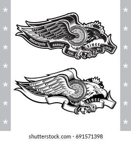 Eagle with motorbike wheel wings wings and ribbon. Vintage motorcycle design isolated on white