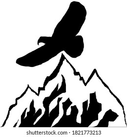 Vector De Silhouete De Estilo Ilustración Con Logo De La Montaña Águila. Ilustración vectorial en blanco y negro. El águila se eleva en las montañas salvajes.