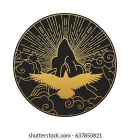 Eagle and mountains. Decorative graphic design element in oriental style. Vector hand drawing illustration