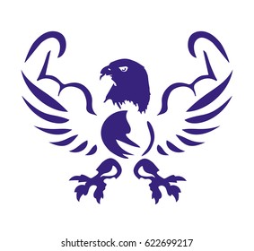 Eagle with muscles vector icon. Strong falcon predatory bird with open spread wings and sharp clutches. Can be used for logo, emblem and etc.