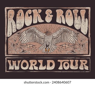 Diseño de afiches musicales de águila. Diseño de impresión vintage de rock and roll. Obra vectorial de guitarra para prendas de vestir, pegatinas, afiches, antecedentes y otros. Obra de arte de gira por el mundo del rock. Obra de arte vintage estrella de rock.