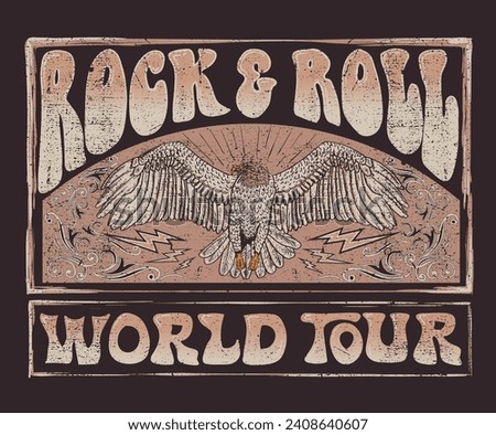 Eagle music poster design. Rock and roll vintage print design. Guitar vector artwork for apparel, stickers, posters, background and others. Rock world tour artwork. Rock star vintage artwork.