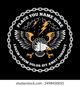 Eagle in old school tattoo style, with stormy clouds and lightning bolts, chain shaped round frame emblem, label, badge, logo on a black background