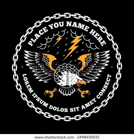 Eagle in old school tattoo style, with stormy clouds and lightning bolts, chain shaped round frame emblem, label, badge, logo on a black background