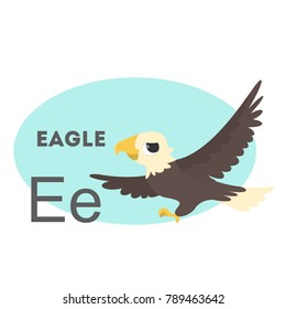 Eagle on alphabet. Letter E with funny animal.
