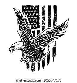 Eagle on american flag background. Design element for logo, emblem, sign, poster, t shirt. Vector illustration