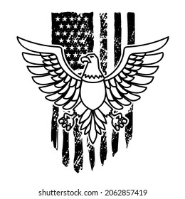 Eagle on american flag background. Design element for logo, emblem, sign, poster, t shirt. Vector illustration