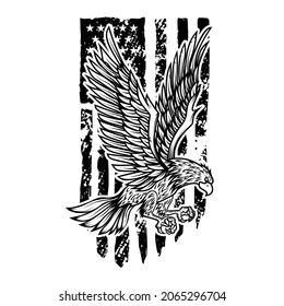 Eagle on american flag background. Design element for logo, emblem, sign, poster, t shirt. Vector illustration