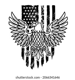 Eagle on american flag background. Design element for logo, emblem, sign, poster, t shirt. Vector illustration