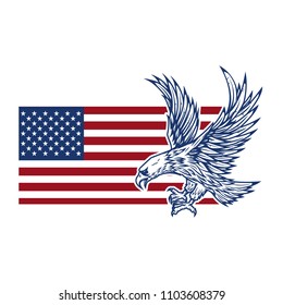 Eagle on american flag. Design element for logo, label, emblem, sign. Vector image
