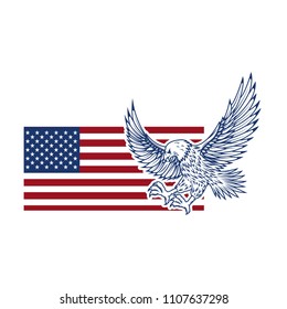 Eagle on american flag. Design element for logo, label, emblem, sign. Vector image