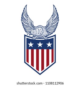 Eagle on american flag. Design element for logo, label, emblem, sign. Vector image