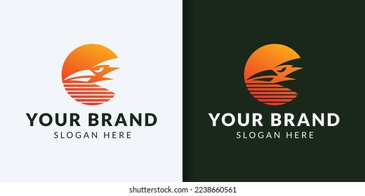 Eagle on the background of the setting sun. Vector logo template