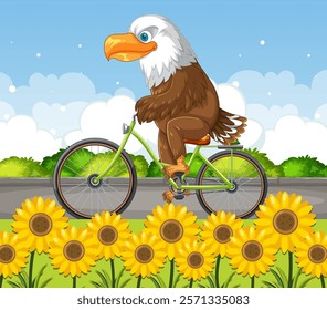 An eagle on a bike amidst blooming sunflowers