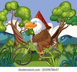 Eagle on a bike amidst lush green forest