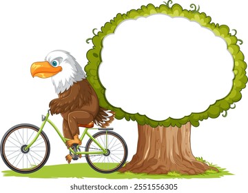 Eagle on bike beside a large leafy tree