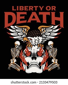 Eagle on Burning Skull and Praying Skeletons Illustration with A Slogan Artwork on Black Background For Apparel and Other Uses