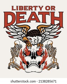 Eagle on Burning Skull and Praying Skeletons Illustration with A Slogan Artwork on White Background For Apparel and Other Uses