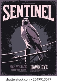 Águia em poste de lâmpada, Vintage Sentinel T-Shirt Design, Retro Sentinel Typography Vetor