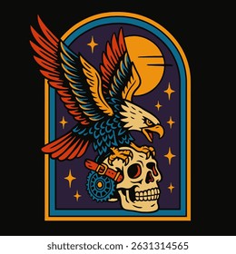 Eagle with outstretched wings stands on skull with stars and moon background in stylized frame Use for edgy artwork.