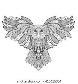 Eagle owl. Adult anti stress coloring page. Black white hand drawn doodle animal. Ethnic patterned vector. African, Indian, totem tribal, zentangle design. Sketch for tattoo, poster, print, t-shirt