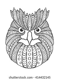 Eagle owl. Adult antistress coloring page. Black white hand drawn doodle animal. Ethnic patterned vector. African, indian, totem tribal, zentangle design. Sketch for tattoo, poster, print, t-shirt
