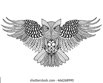 Eagle owl. Adult antistress coloring page. Black white hand drawn doodle animal. Ethnic patterned vector. African, indian, totem tribal, zentangle design. Sketch for tattoo, poster, print, t-shirt