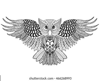 Eagle owl. Adult antistress coloring page. Black white hand drawn doodle animal. Ethnic patterned vector. African, indian, totem tribal, zentangle design. Sketch for tattoo, poster, print, t-shirt