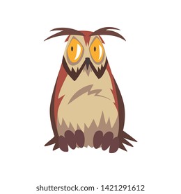 Eagle Owl Bird with Open Eyed, Great Horned Owl Character with Brown Plumage Vector Illustration