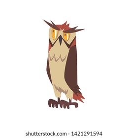 Eagle Owl Bird, Wise Great Horned Owl Character with Brown Plumage Vector Illustration
