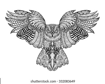 Eagle owl. Birds. Black white hand drawn doodle. Ethnic patterned vector illustration. African, indian, totem, tribal, design. Sketch for adult antistress coloring page, tattoo, poster, print, t-shirt