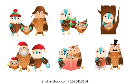 Eagle owl birds families doing everyday things vector illustration