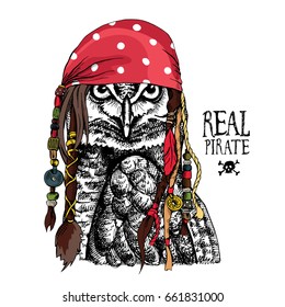Eagle Owl with Dreadlocks and accessories in a Pirate bandana. Vector illustration.