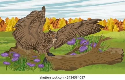 An eagle owl flies into a tree trunk lying on the grass. Wildlife in autumn. Realistic vector landscape