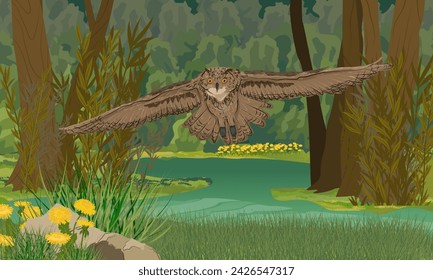 Eagle owl flies over a large green forest swamp in a dark dense forest. Wild birds of the forest. Realistic vector landscape