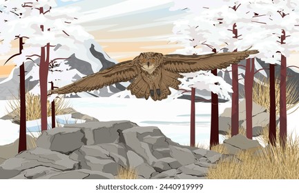 An eagle owl flies over a rocky mountain valley with snow and tall pine trees. Wild bird of prey. Realistic vector landscape