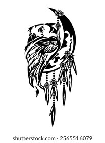 eagle owl head and wing with crescent moon - tribal style feathered dream catcher black and white vector design