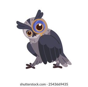 Búho águila buscando, busca a través de la lupa. El pájaro sabio hace investigación, análisis. Owlet descubre, Explore, aprende con lupa. Ilustración vectorial aislada plana sobre fondo blanco