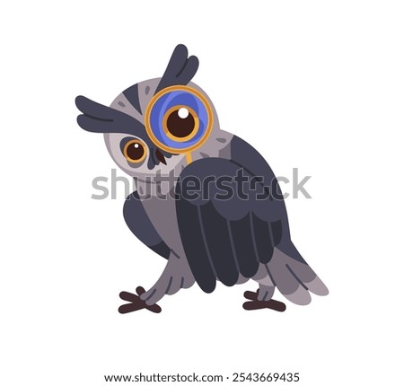 Eagle owl looking for, searches through magnifier. Wise bird does research, analysis. Owlet discovers, explores, learns with magnifying glass. Flat isolated vector illustration on white background