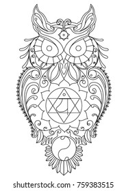 Eagle owl with mandala of heart