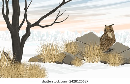 Eagle owl sits on a large stone in a winter field. Wild bird of prey. Realistic vector landscape