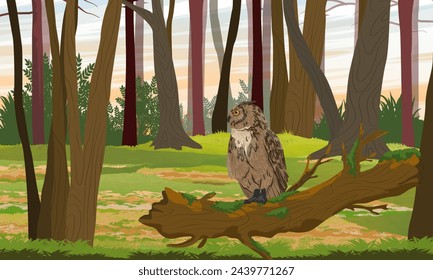 An eagle owl sits on a tree trunk in the forest. Realistic vector landscape