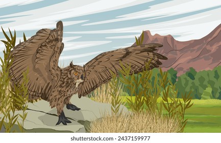 Eagle owl takes off from a rock in a valley at the foot of the mountains. Predatory bird. Realistic vector landscape