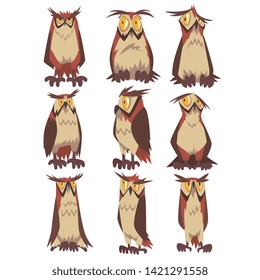 Eagle Owls Birds Set, Funny Great Horned Owls Characters with Brown Plumage Vector Illustration