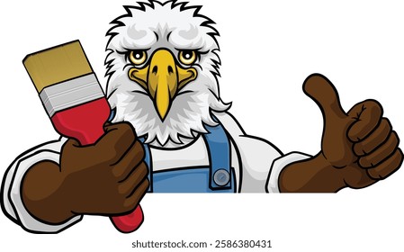 An eagle painter decorator cartoon animal mascot holding a paintbrush peeking around a sign and giving a thumbs up