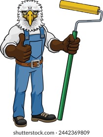 Un pintor de águila decorador handyman caricatura hombre de construcción mascota personaje sosteniendo una herramienta de rodillos de pintura