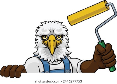 An eagle painter decorator handyman cartoon construction man mascot character holding a paint roller tool