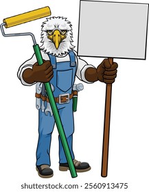 An eagle painter decorator handyman cartoon construction man mascot character holding a paint roller tool