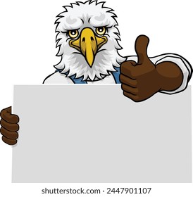 An eagle painter, handyman,  mechanic,  plumber or other construction cartoon mascot man in overall dungarees. Giving a thumbs up.