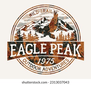 Eagle peak wild trail outdoor adventure vintage vector print for boy shirt grunge effect in separate layers